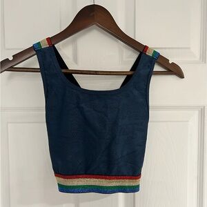 Pheel Women's Size Med Navy Camo Print Sports Bra Rainbow Shiny Metallic Straps